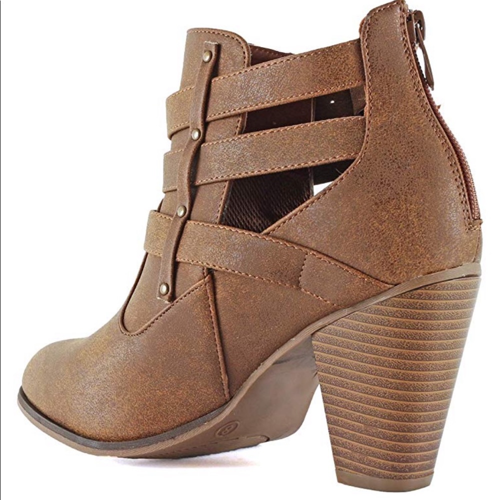 Tan Open Side Ankle Chunky Heel Booties - Picture 6 of 8